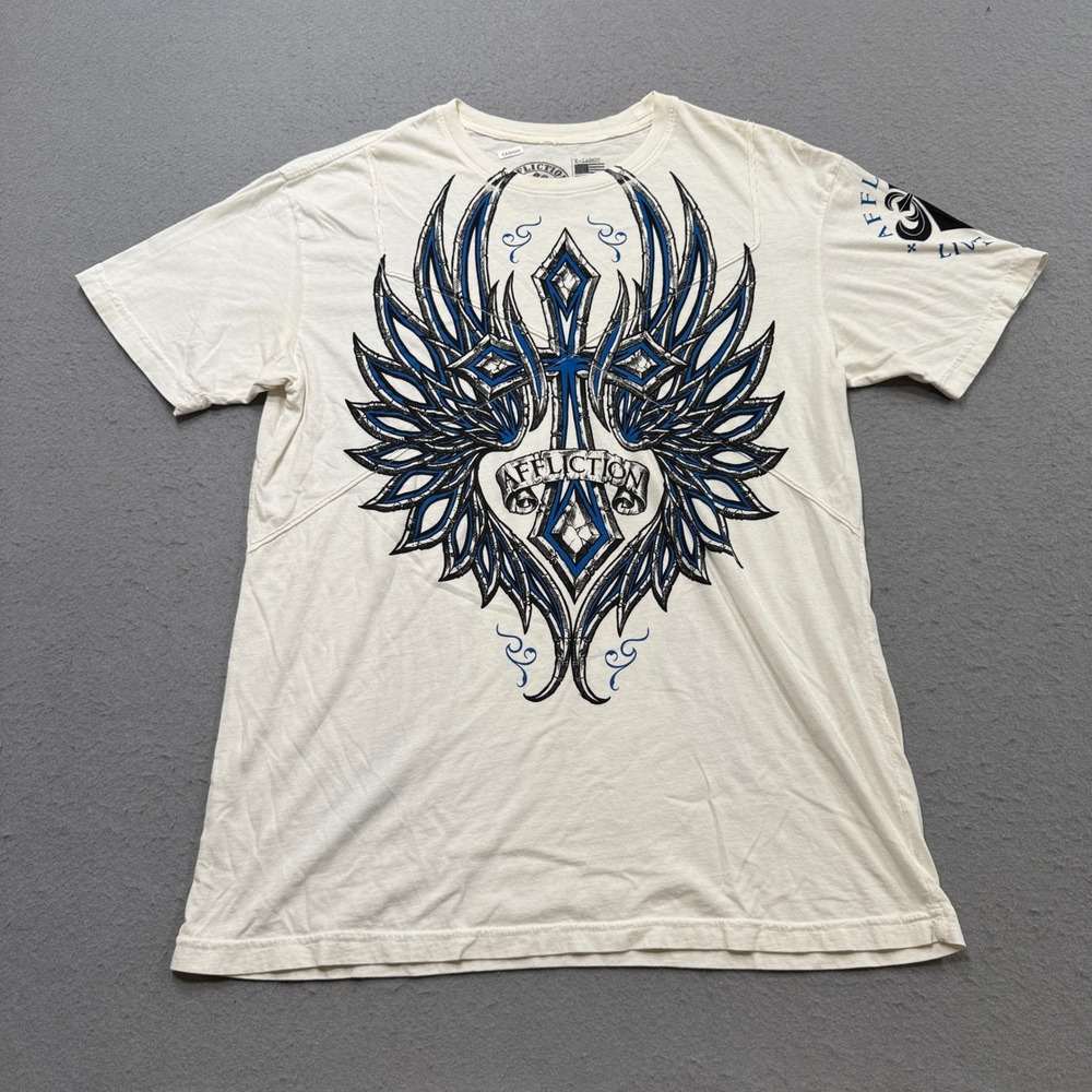 Y2K Affliction T-Shirt Men's XL White Blue Winged Cross Graphic Cotton MMA Style